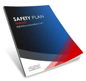 A professional, business eBook cover with Safety Plan Template text on it. Blue, white, and red background with Digital Documents Direct logo and website address.