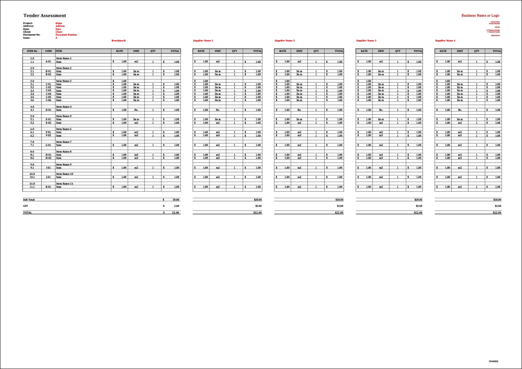 Tender Assessment and Comparison - Template