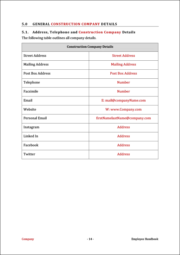 Construction Company Employee Handbook Template | General Details