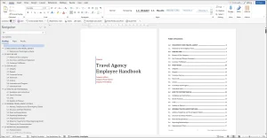 a MS Word screenshot of a Travel Agency Employee Handbook Template title page and the first page of a table of contents