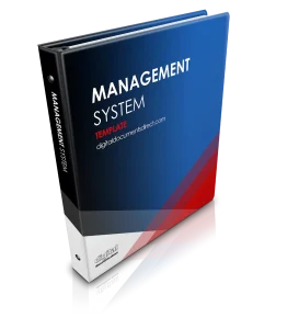 A professional, business eBook cover with Management System Template text on it. Blue, white, and red background with Digital Documents Direct logo and website address.