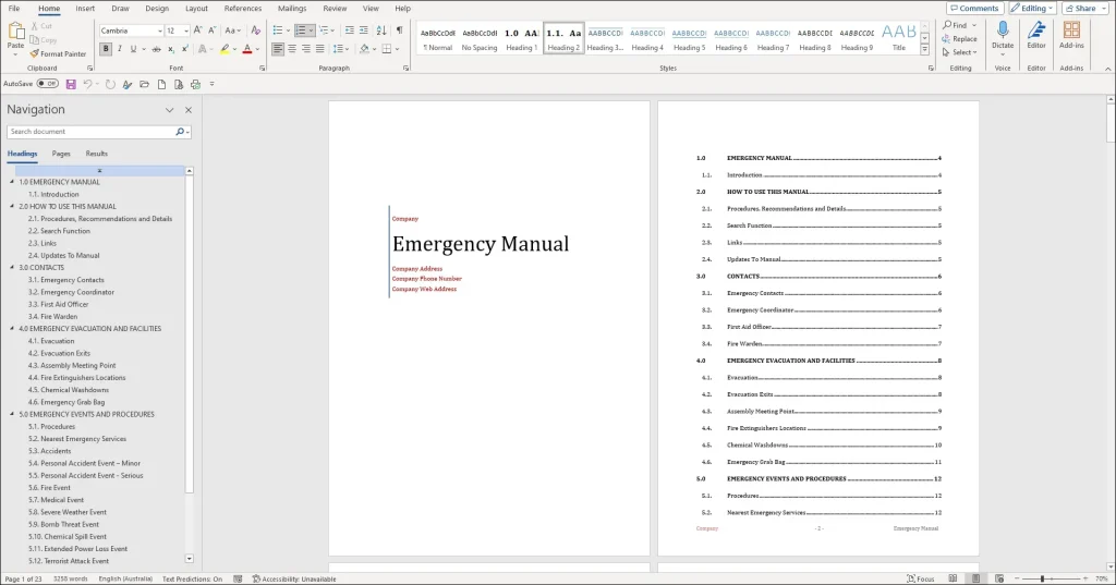 Emergency Manual Template - MS Word Snapshot