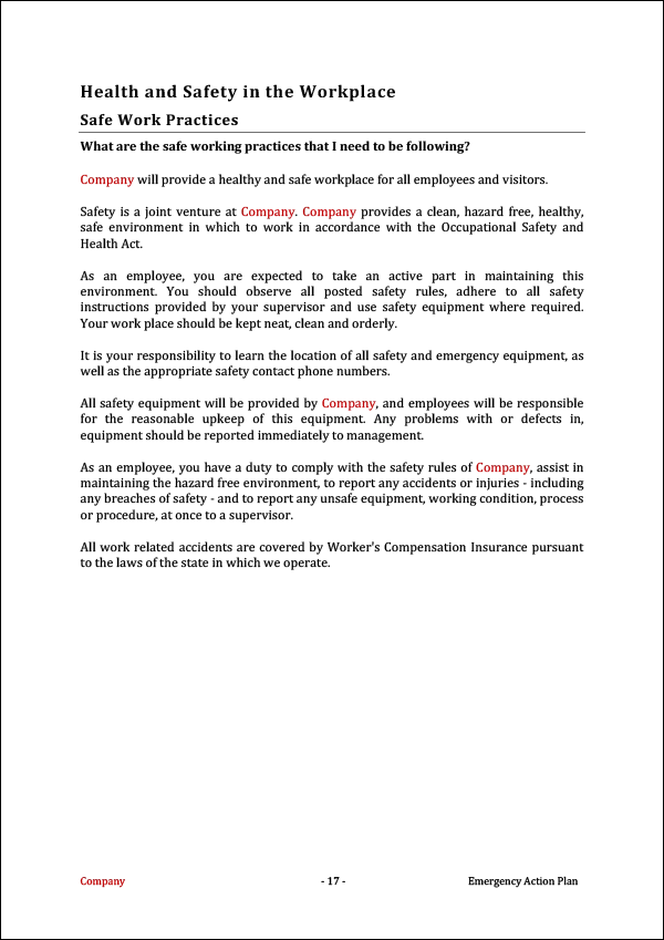 Emergency Action Plan Template | Safe Work Practices