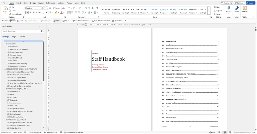 Staff Handbook Template | MS Word View