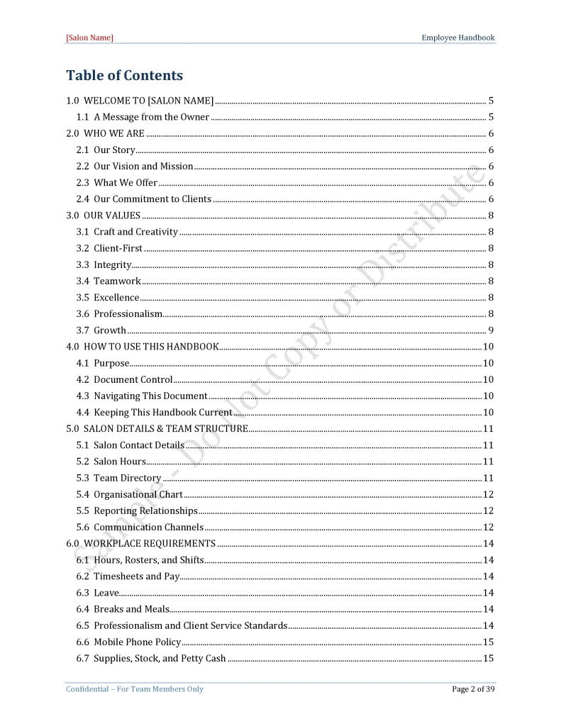 Hair Salon Employee Handbook Template – Table of Contents Page 1
