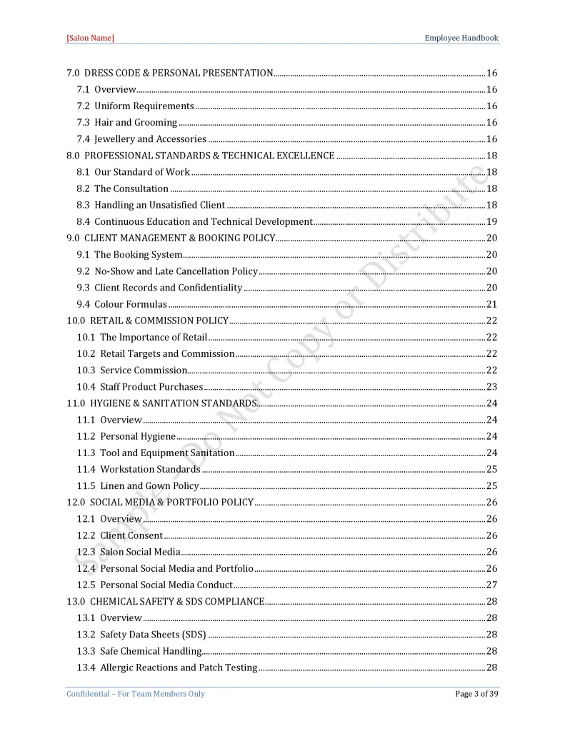 Hair Salon Employee Handbook Template – Table of Contents Page 2
