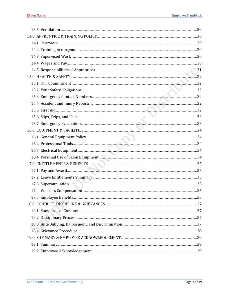 Hair Salon Employee Handbook Template – Table of Contents Page 3