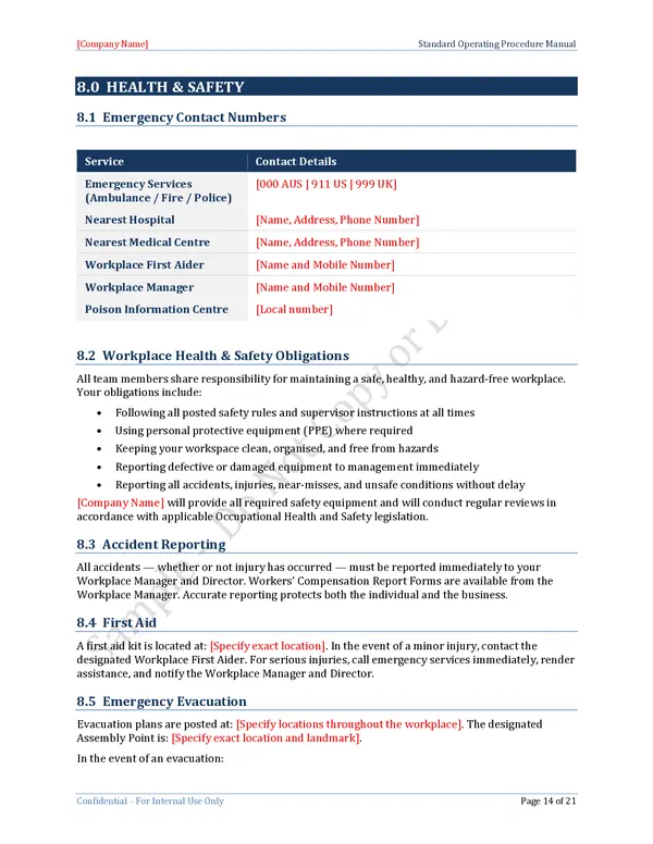Standard Operating Procedure Template - Health and Safety