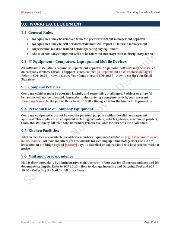 Standard Operating Procedure Template - Workplace Equipment