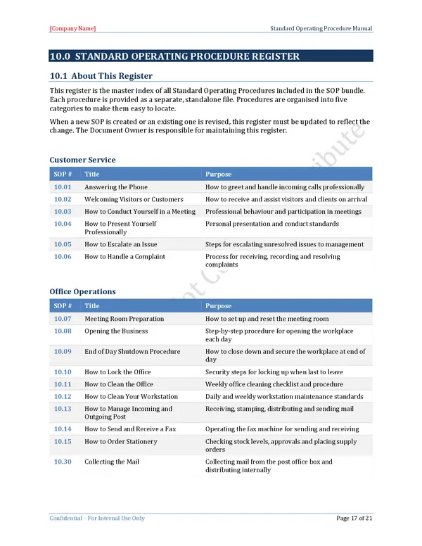 Standard Operating Procedure Template - SOP Register