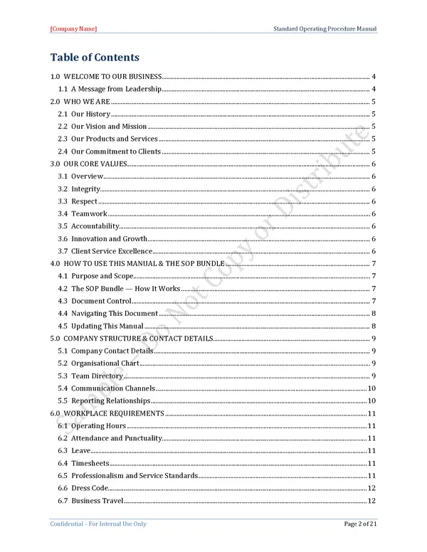 Standard Operating Procedure Template - Table of Contents