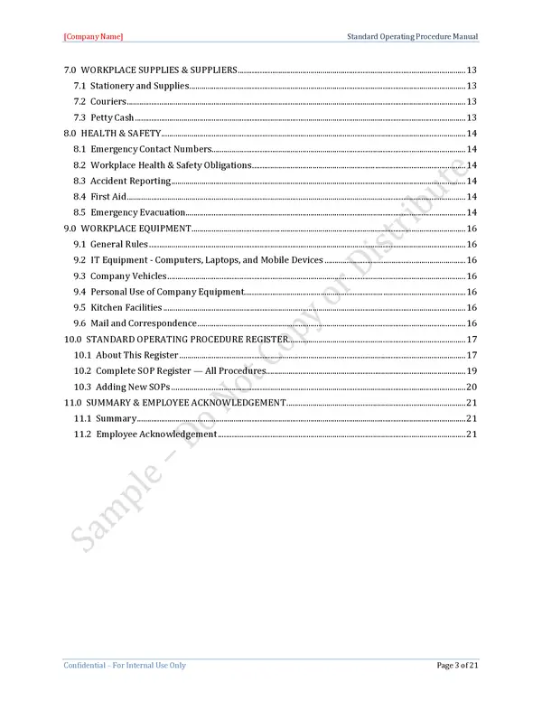 Standard Operating Procedure Template - Table of Contents