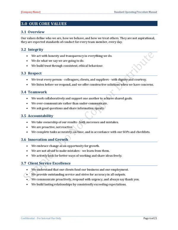 Standard Operating Procedure Template - Our Core Values