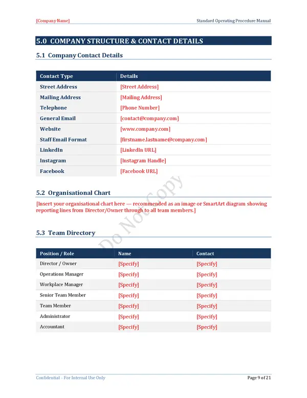 Standard Operating Procedure Template - Company Structure