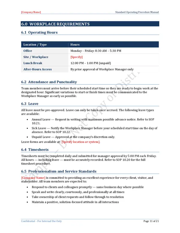 Standard Operating Procedure Template - Workplace Requirements