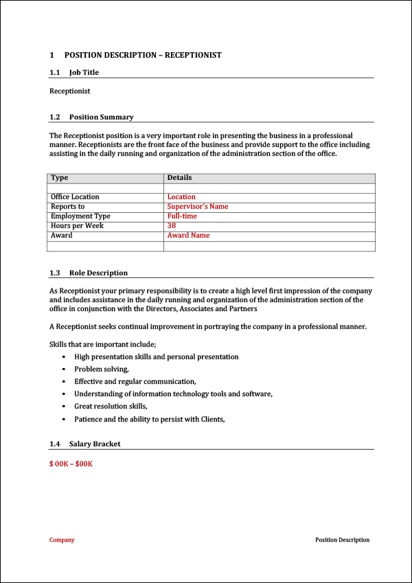 Receptionist Position Description Template - Description
