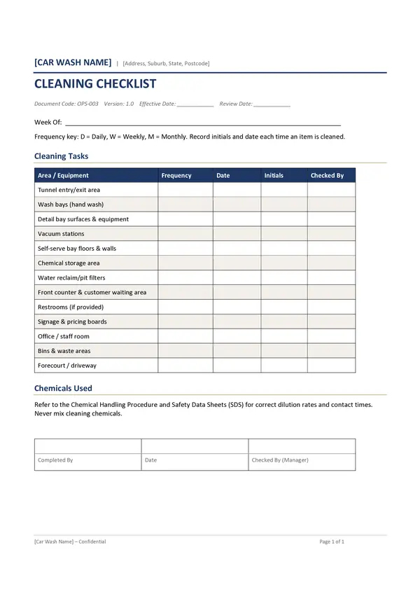 Car Wash Cleaning Checklist
