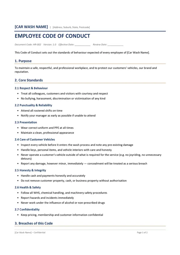 Car Wash Employee Code of Conduct Template - Page 1