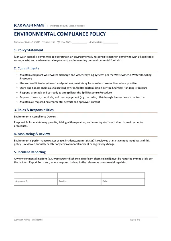 Car Wash Environmental Compliance Policy