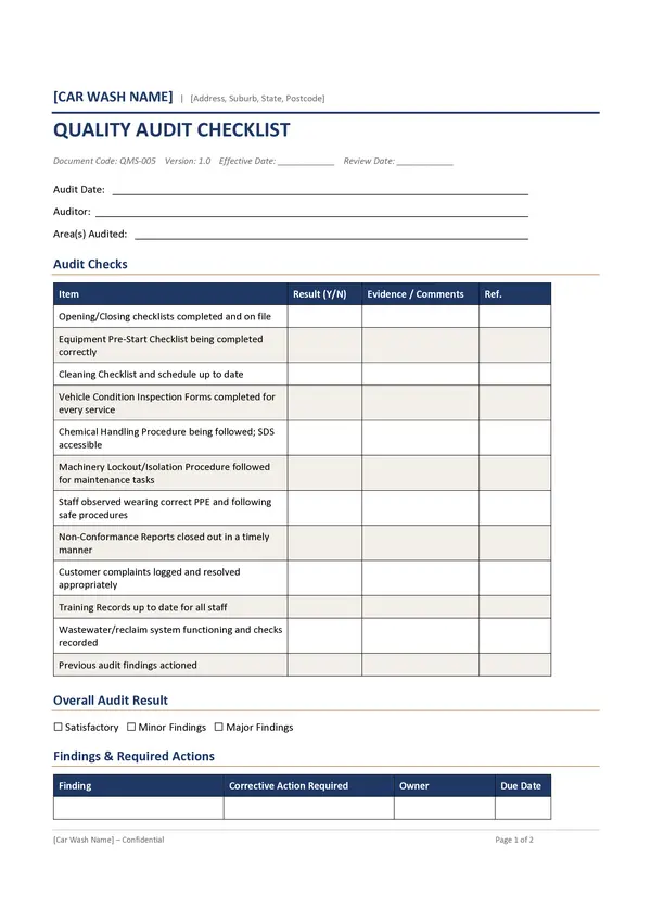 Car Wash Quality Audit Checklist - Page 1