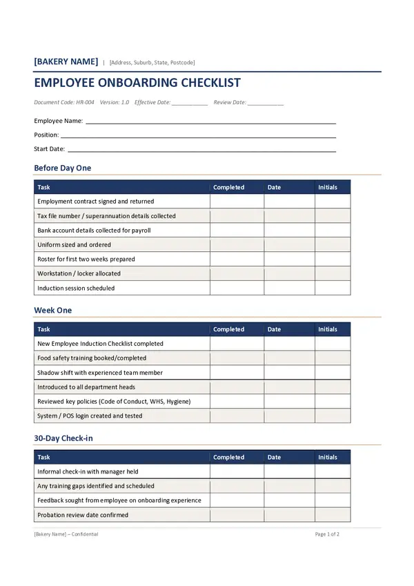 Employee Onboarding Checklist Template Example - Page 1