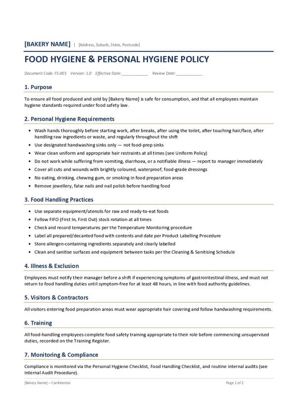Food Hygiene and Personal Hygiene Policy Template - Page 1