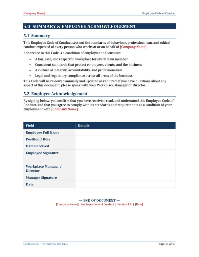 Employee Code of Conduct Template - Summary