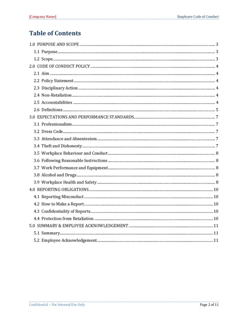 Employee Code of Conduct Template - Table of Contents