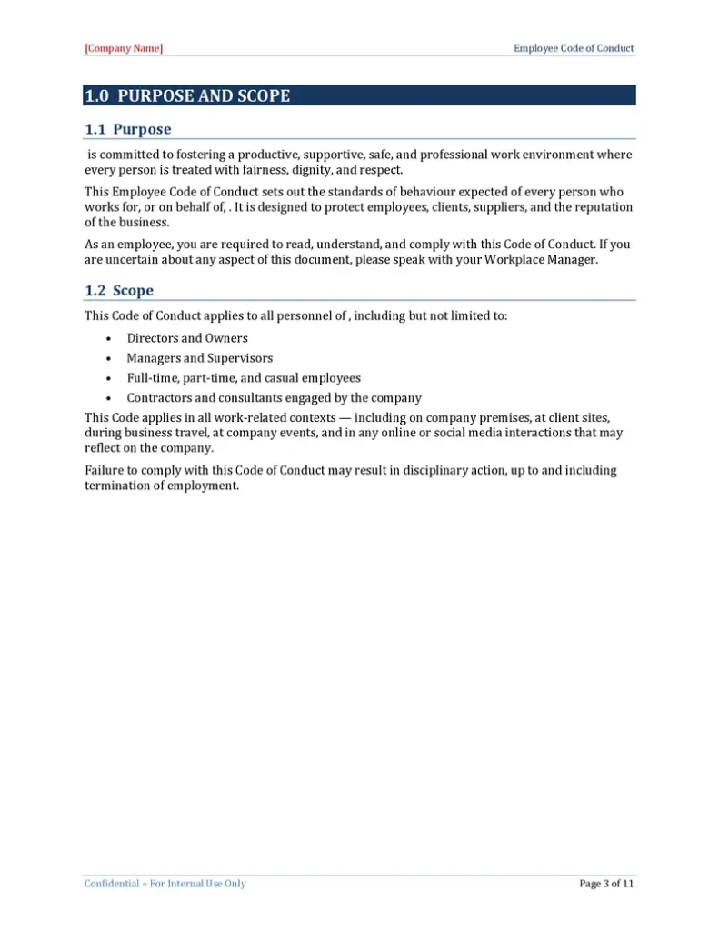 Employee Code of Conduct Template - Section 1