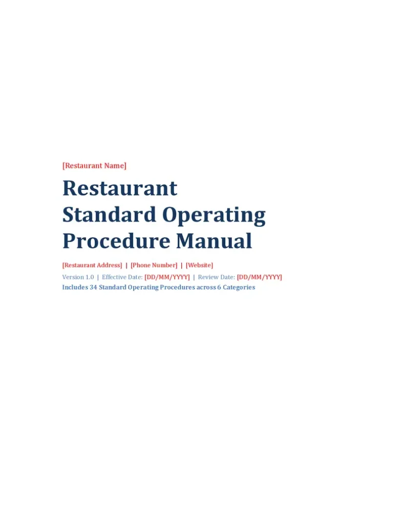 Restaurant Standard Operating Procedure Template - Title Page