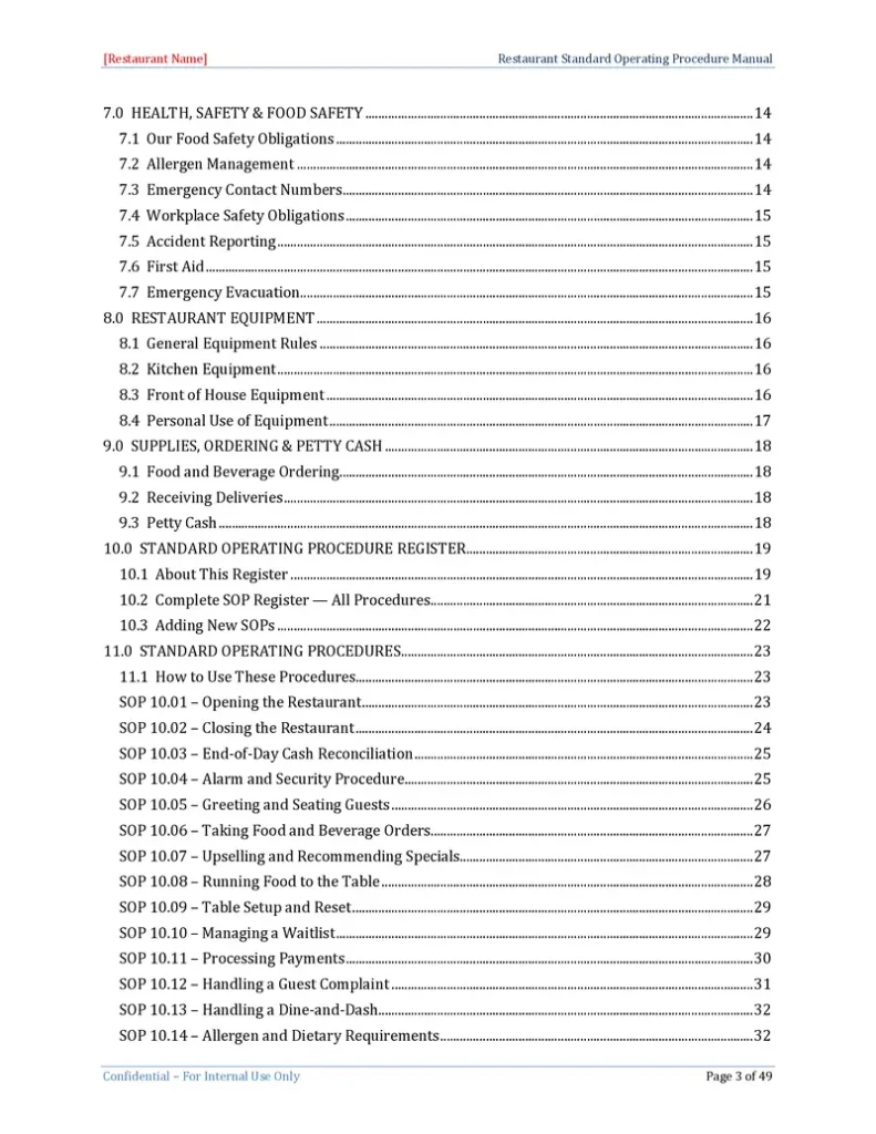 Restaurant Standard Operating Procedure Template - Table of Contents