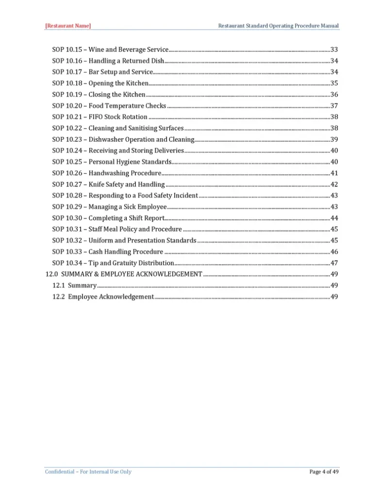 Restaurant Standard Operating Procedure Template - Table of Contents