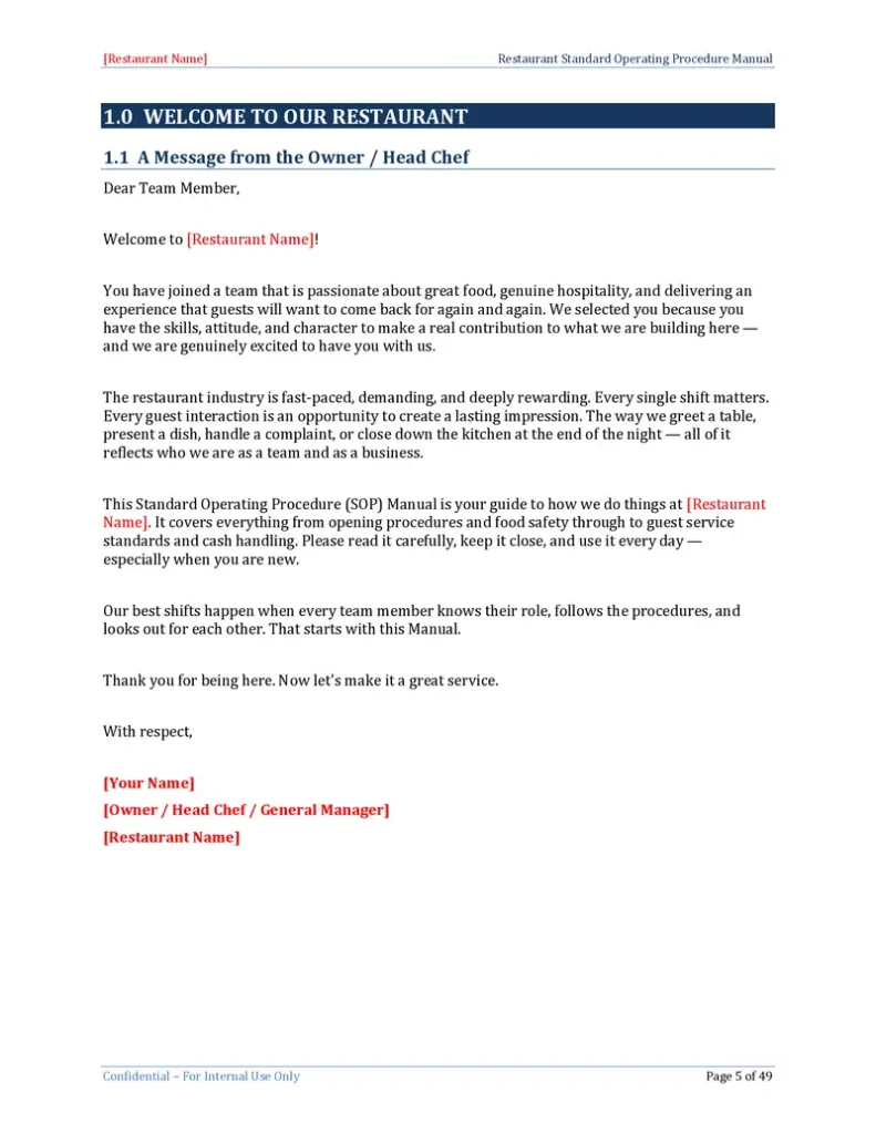 Restaurant Standard Operating Procedure Template - Welcome